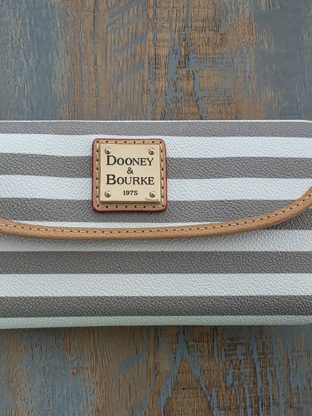 Dooney & Bourke Striped Wallet in White, Gray and Tan